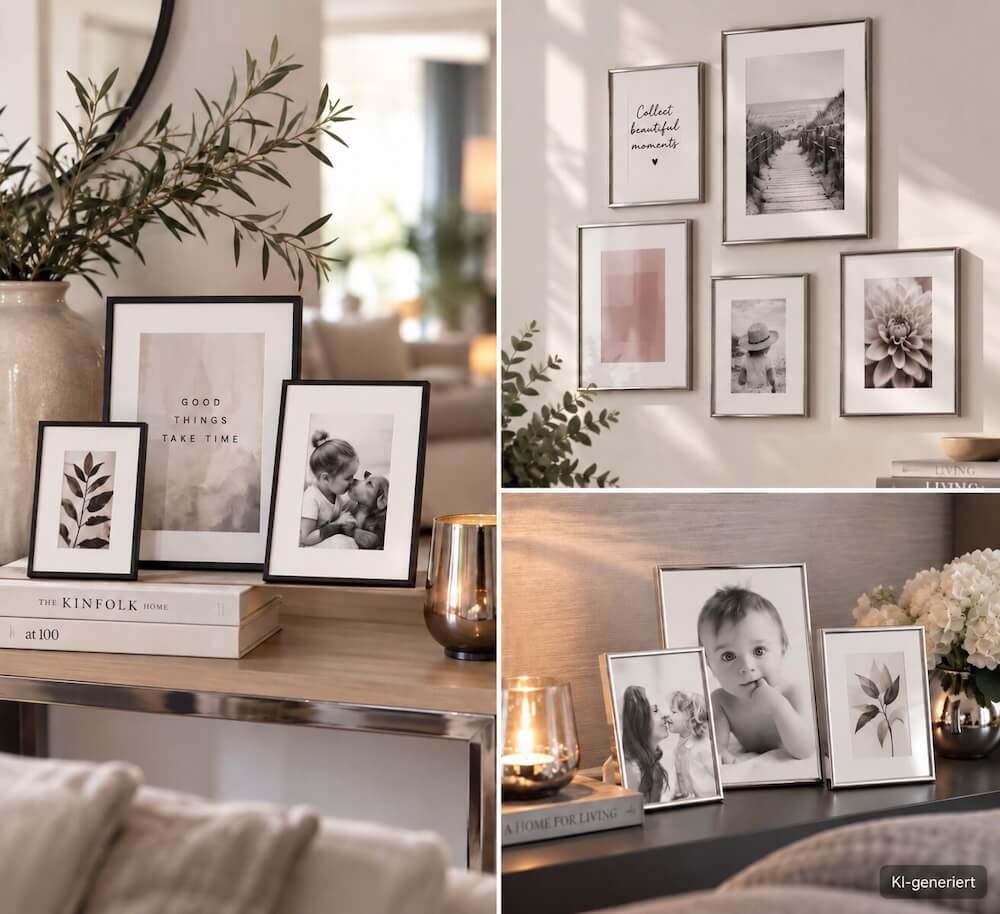 Anordnung verschiedener Bilderrahmen als Inspiration f�r Erinnerungsfotos