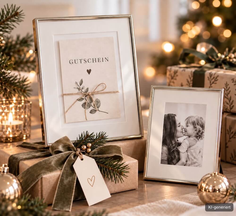 Festlich dekorierte Bilderrahmen mit Familienfotos zu Weihnachten